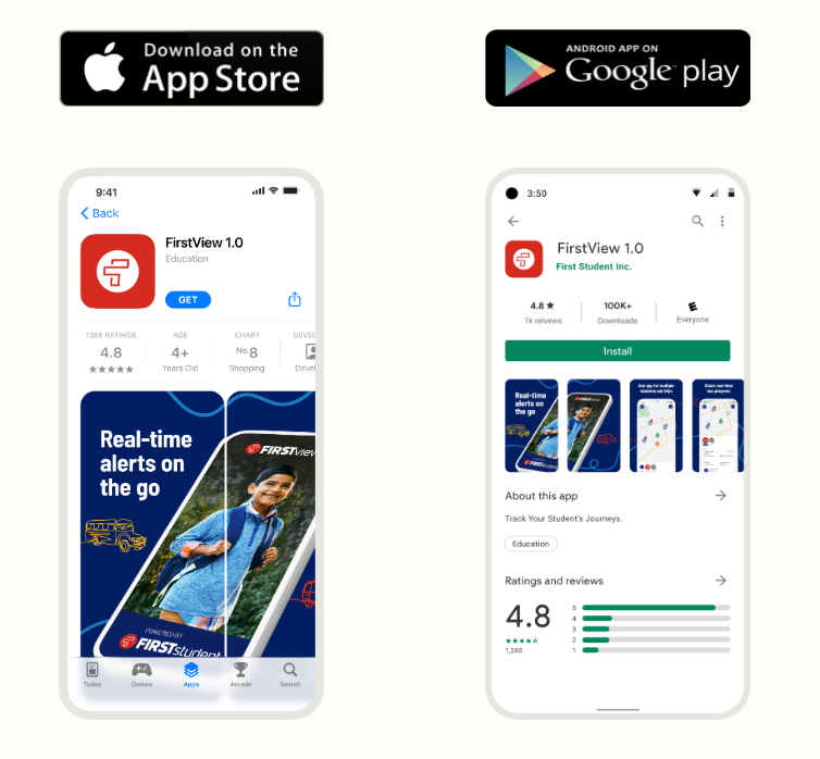 A smartphone displays the FirstView app in the App Store and Google Play.